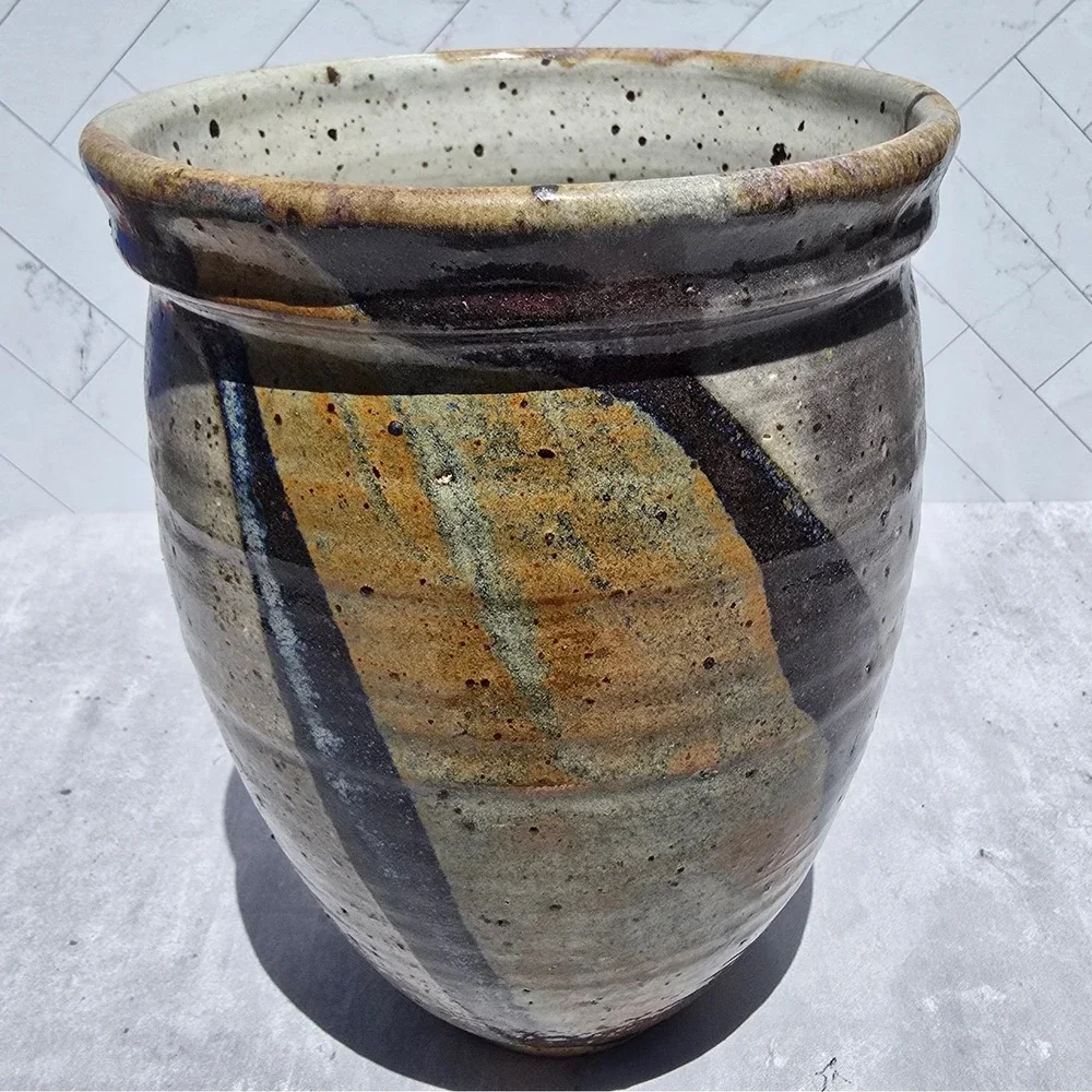 Studio MCM Pottery Hand Thrown Speckled Glaze Vase Abstract Indigo Ochre Signed